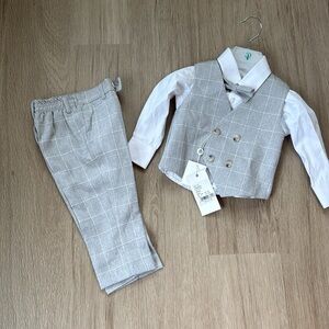 Gray Plaid Vest and Pants Set with White Shirt